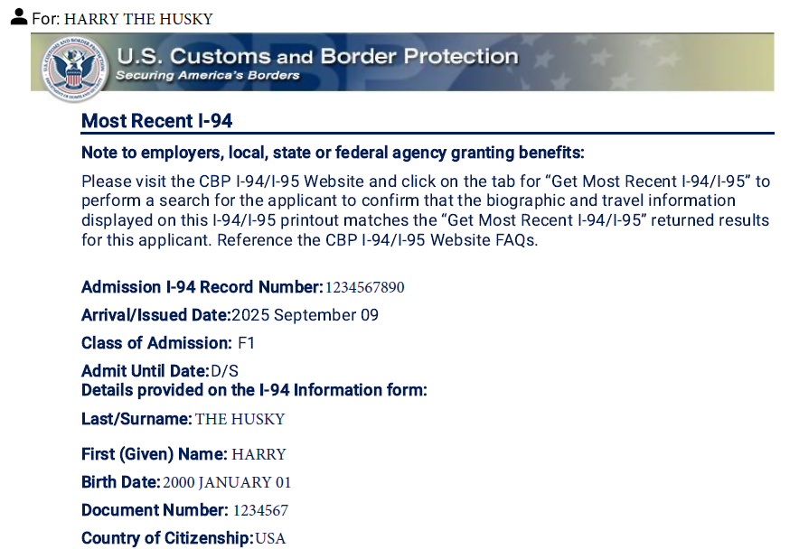 Example Form I-94 showing D/S as the Admit Until Date