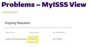 Image showing screenshot from MyISSS where a Contact Information Update form has been marked In Review to notify student user of a problem